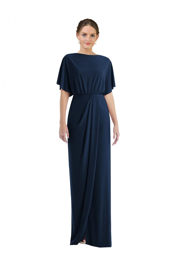 Buy Long Dark Navy Short Sleeves Sheath Open Back Semi Formal Evening Dress