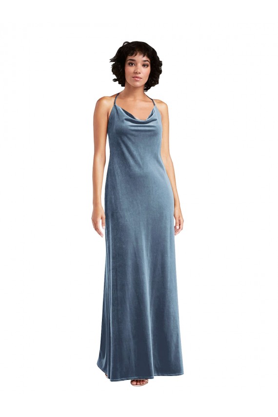 Buy Long Dusty Blue Sleeveless Sheath V-Back Evening Gown