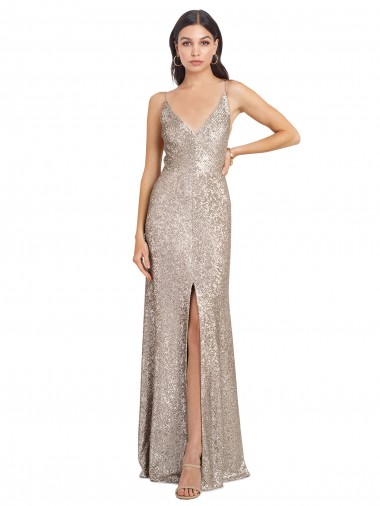 Buy Long Silver Sleeveless Sheath V-Back Front Slit Formal Evening Dress