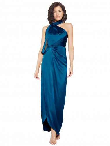 Buy Long Peacock Blue Sleeveless Sheath Side Slit Formal Evening Dress
