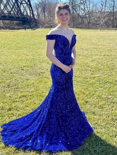 Buy Sweep Train Royal Blue Sleeveless Sheath Velvet Sequin Prom Dress