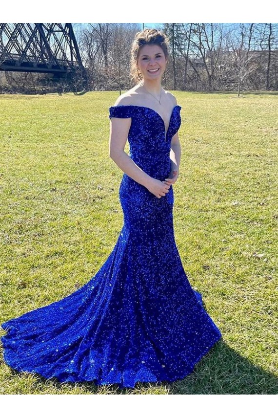 Buy Sweep Train Royal Blue Sleeveless Sheath Velvet Sequin Prom Dress