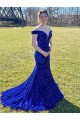 Buy Sweep Train Royal Blue Sleeveless Sheath Velvet Sequin Prom Dress