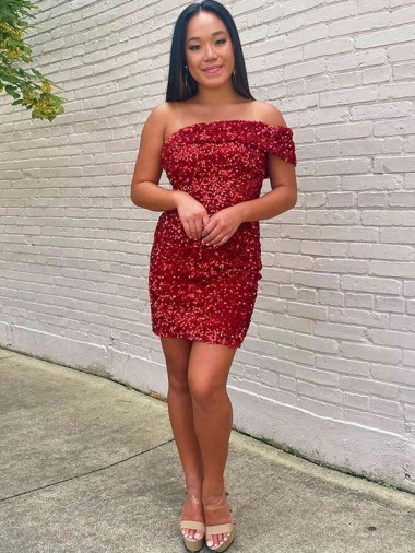 Buy Short Burgundy Sleeveless Sheath Velvet Sequin Prom Dresses