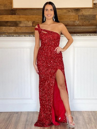 Buy Sweep Train Burgundy Sleeveless Sheath Velvet Sequin Prom Dress