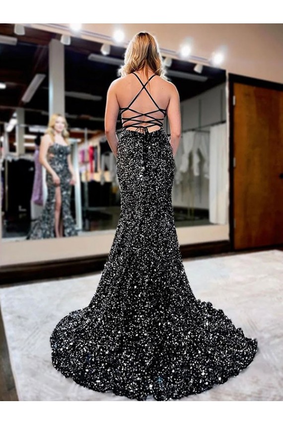 Buy Sweep Train Sleeveless Velvet Sequin Evening Dress