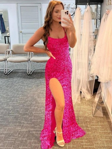 Buy Sweep Train Fuchsia Sleeveless Sheath Velvet Sequin Evening Gown