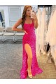 Buy Sweep Train Fuchsia Sleeveless Sheath Velvet Sequin Evening Gown