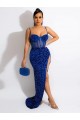 Buy Sweep Train Royal Blue Sleeveless Sheath Velvet Sequin Long Evening Dress