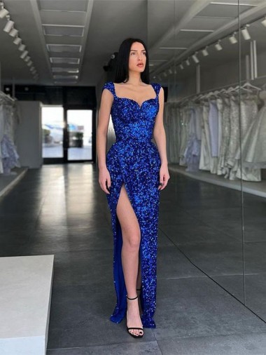 Buy Sweep Train Royal Blue Sleeveless High Slit Velvet Sequin Evening Dress