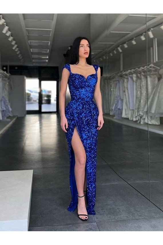 Buy Sweep Train Royal Blue Sleeveless High Slit Velvet Sequin Evening Dress