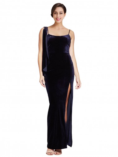 Buy Long Dark Navy Sleeveless Sheath Low Back High Side Slit Formal Evening Dress