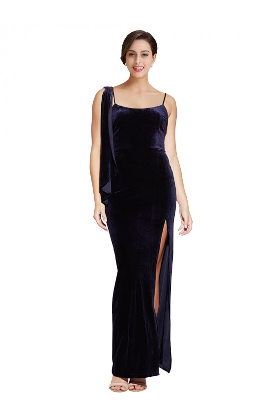 Buy Long Dark Navy Sleeveless Sheath Low Back High Side Slit Formal Evening Dress