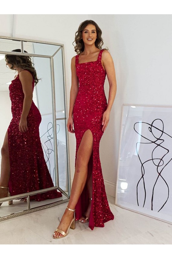 Buy Long Burgundy Sleeveless Sheath Velvet Sequin Prom Dress