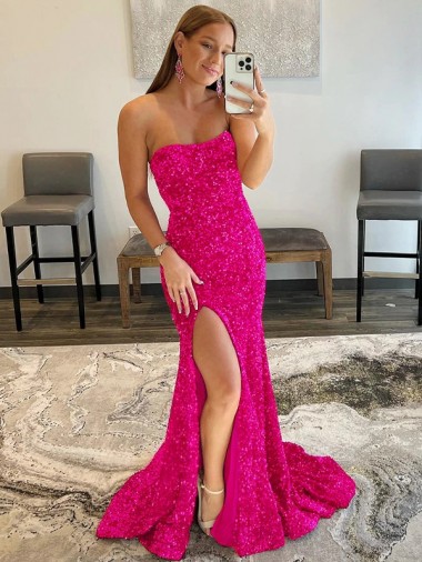 Buy Sweep Train Fuchsia Sleeveless Sheath Velvet Sequin Prom Dress