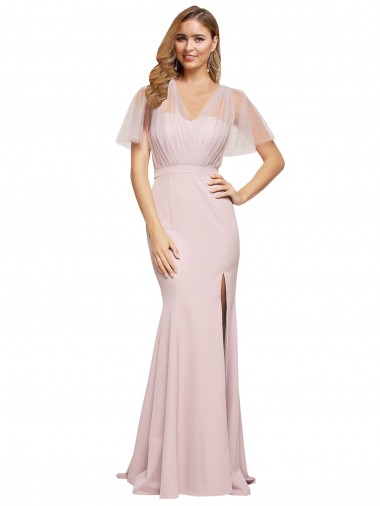 Buy Long Mauve Short Sleeves Sheath V-Back Formal Evening Dress