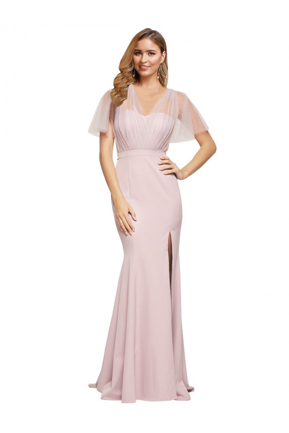 Buy Long Mauve Short Sleeves Sheath V-Back Formal Evening Dress