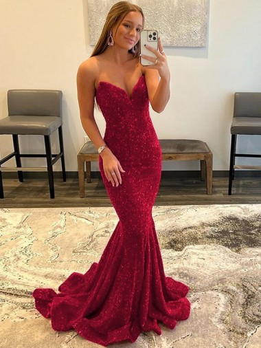 Buy Sweep Train Burgundy Sleeveless Sheath Velvet Sequin Evening Dress