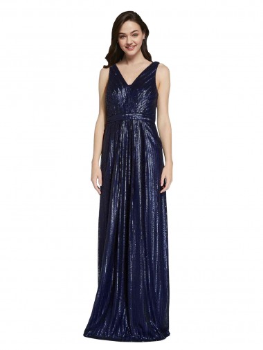 Buy Long Dark Navy Sleeveless Sheath V-Back Formal Evening Dress