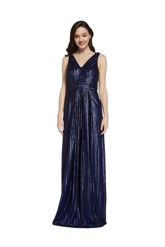 Buy Long Dark Navy Sleeveless Sheath V-Back Formal Evening Dress