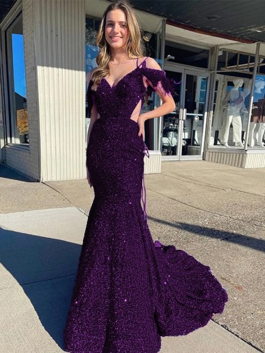 Buy Court Train Plum Purple Sleeveless Sheath Velvet Sequin Evening Dress