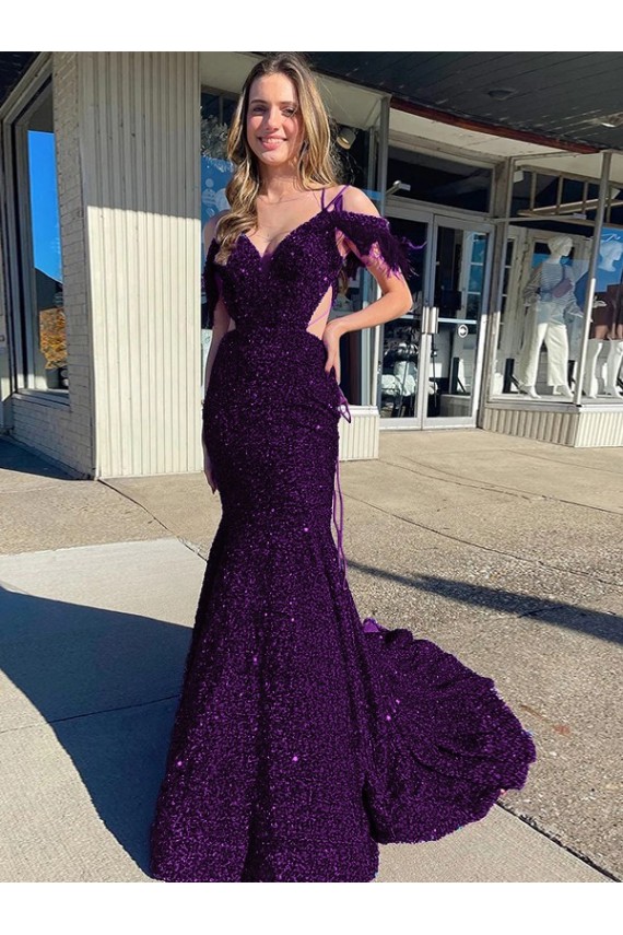 Buy Court Train Plum Purple Sleeveless Sheath Velvet Sequin Evening Dress