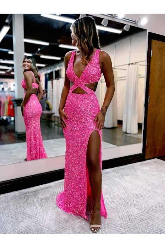 Buy Long Sweep Train Sleeveless Sheath Velvet Sequin Evening Dress