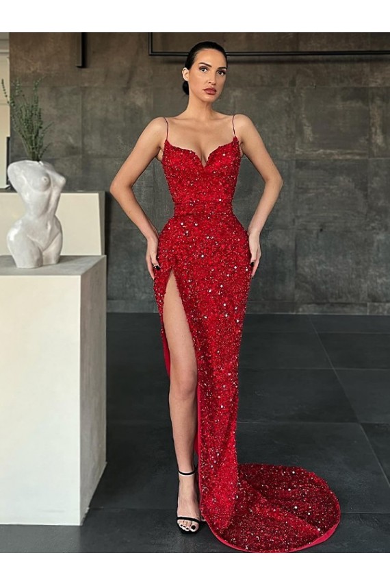 Buy Sweep Train Red Sleeveless Sheath Velvet Sequin Evening Dress