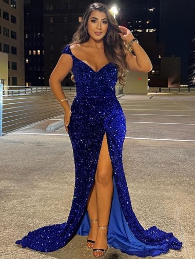 Buy Sweep Train Royal Blue Sleeveless Sheath Velvet Sequin Dress