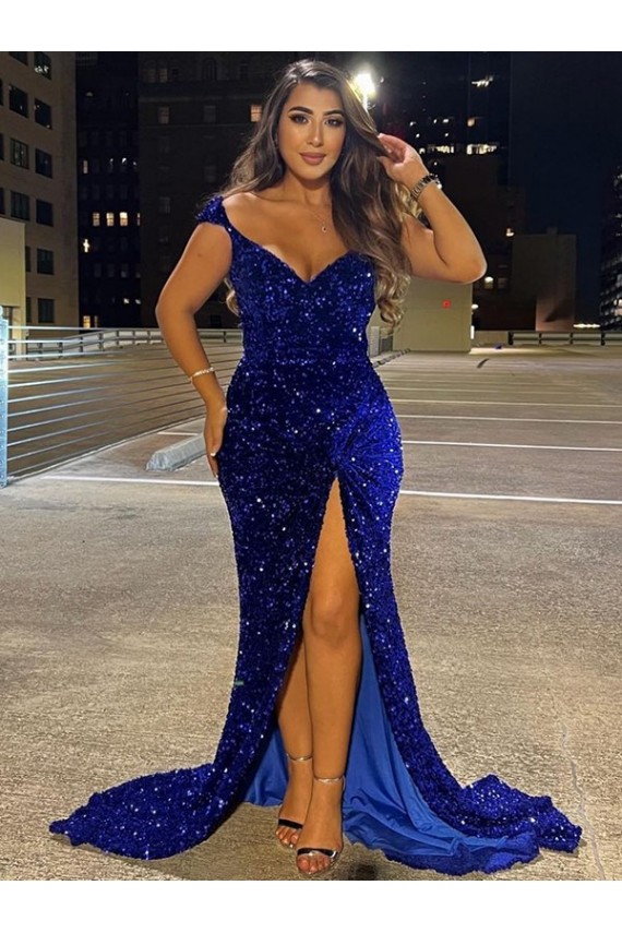 Buy Sweep Train Royal Blue Sleeveless Sheath Velvet Sequin Dress
