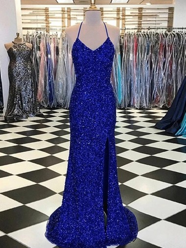 Buy Sweep Train Royal Blue Sleeveless Sheath Velvet Sequin Evening Dresses