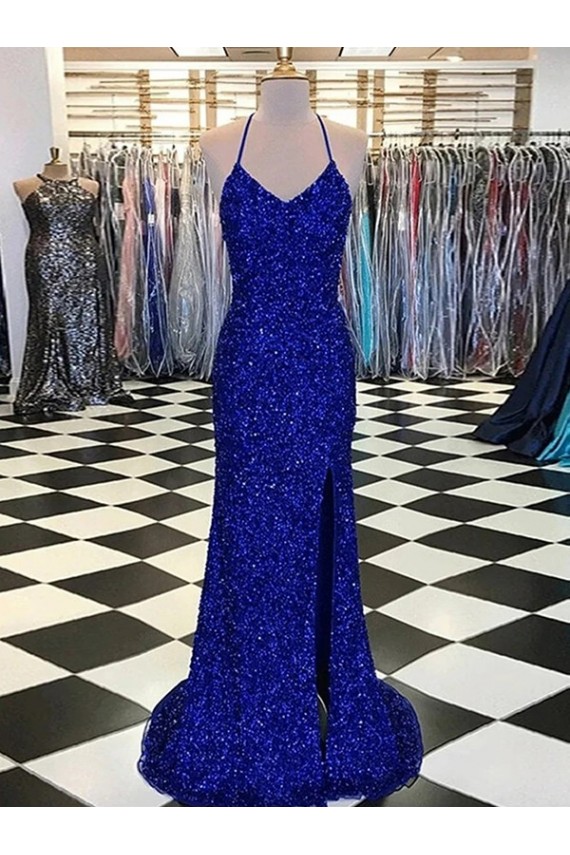 Buy Sweep Train Royal Blue Sleeveless Sheath Velvet Sequin Evening Dresses