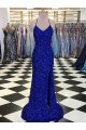 Buy Sweep Train Royal Blue Sleeveless Sheath Velvet Sequin Evening Dresses