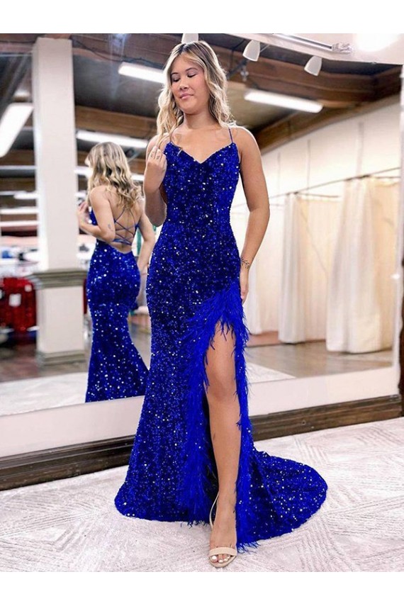 Buy Sweep Train Royal Blue Sleeveless Sheath Velvet Sequin Evening Gowns
