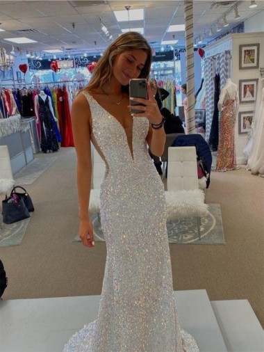 Buy Sweep Train Sleeveless Sheath Velvet Sequin Evening Dress