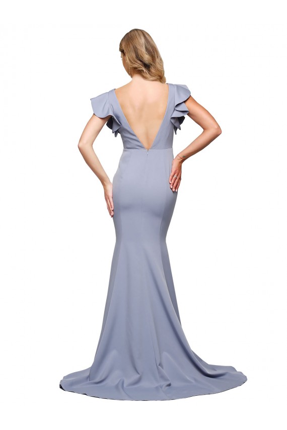 Buy Sweep Train Smoke Blue Sleeveless Mermaid V-Back Formal Evening Dress