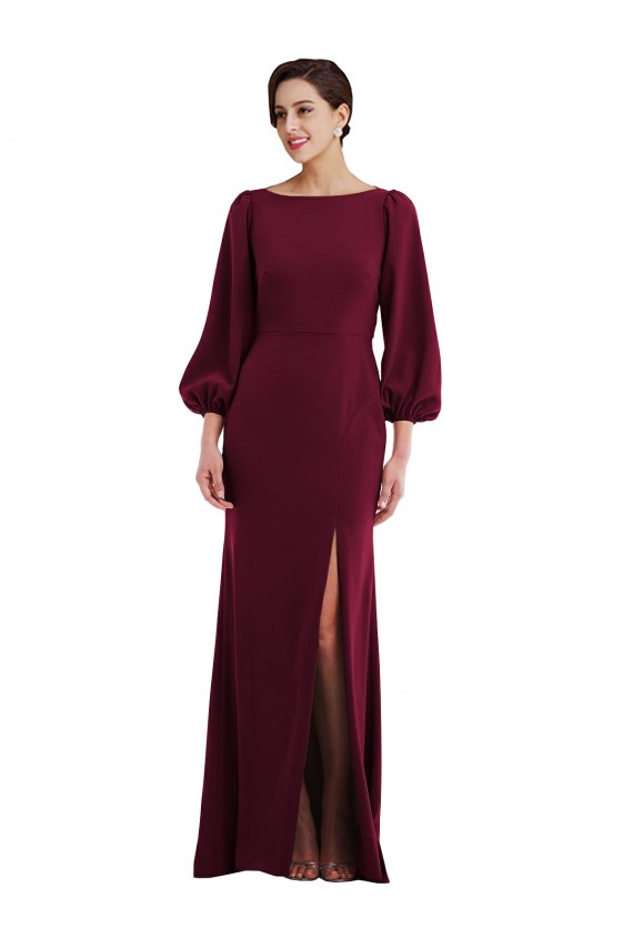 Buy Long Burgundy Gold Long Sleeves Trumpet Open Back Formal Evening Dress