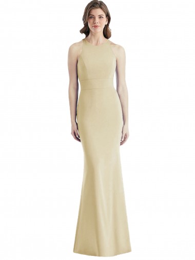 Buy Long Champagne Sleeveless Trumpet Open Back Semi Formal Evening Dress