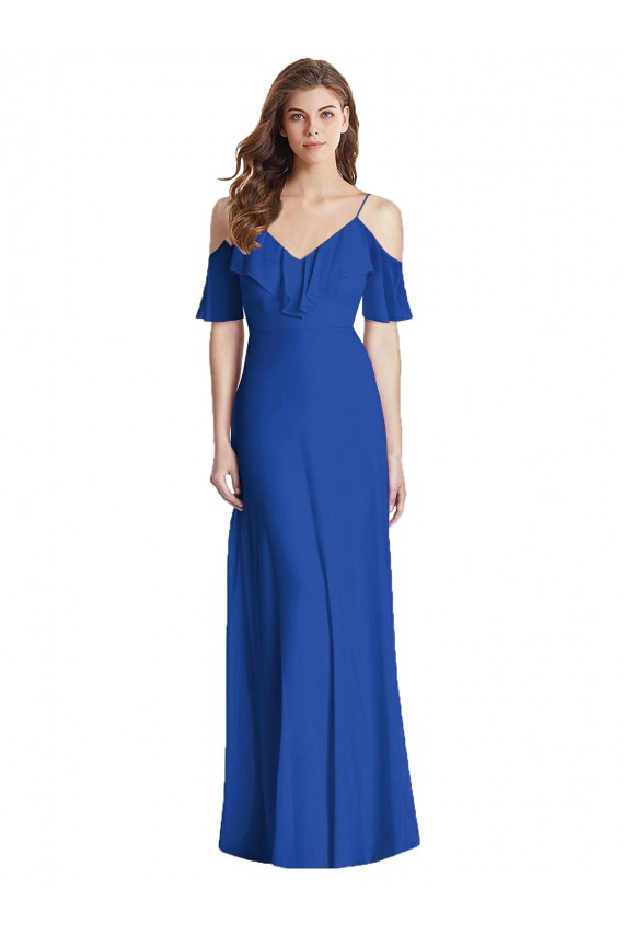 Buy Long Royal Blue Cold Shoulder Trumpet V-Back Semi Formal Evening Dress