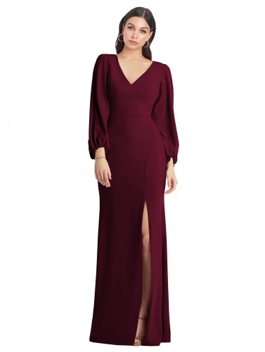 Buy Long Burgundy Gold Puff Sleeves Trumpet Semi Formal Evening Dress